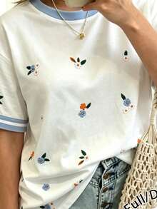 EMERY ROSE Women's Contrast Color Trim Short Sleeve Casual Crew Neck T-Shirt, Versatile For Summer - Multicolor - View 3