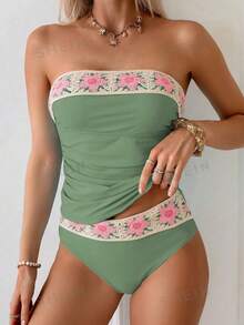 Breezaya Fashion Solid Color Mature Lace Trim Ruched Spaghetti Strap Women's Summer Tank Top & Bikini 2-Piece Set - Green - View 5