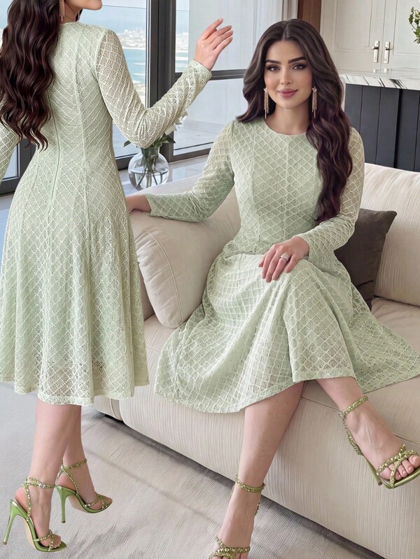 Feyla Elegant Women's Sequin A Line Midi Dress Long Sleeve O Neck Mesh Party Gown