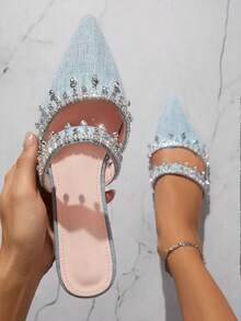 SHUZIA Women Rhinestone Decorated Pointed Toe Flat Mules For Daily Wear Summer Shoes Spring Shoes Spring Break Easter Mother's Day Present For Christmas Valentine's Day - Blue - View 2