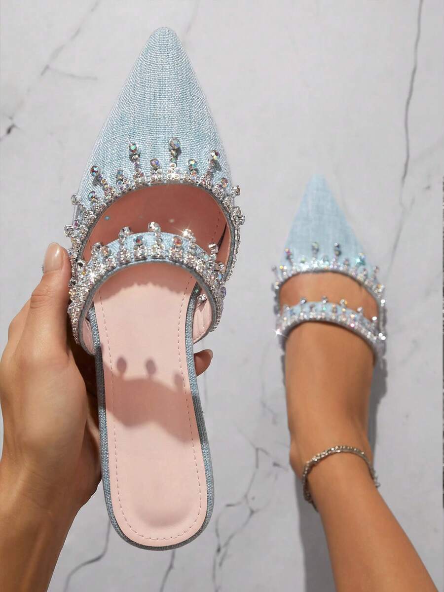 SHUZIA Women Rhinestone Decorated Pointed Toe Flat Mules For Daily Wear Summer Shoes Spring Shoes Spring Break Easter Mother's Day Present For Christmas Valentine's Day