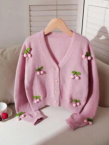 SHEIN Vintaside Kids 女童甜美可愛 3D 粉色櫻桃與蓮花粉短版開襟針織外套，V 領長袖落肩針織毛衣，適合居家、休閒、外穿、購物、聚會，秋冬款 - 藕粉色 - 查看 10