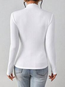 SHEIN Frenchy 女款 95% 棉 2x2 羅紋白色修身長袖 T 恤；秋冬；時尚；辦公室；度假 - 彩色 - 查看 2