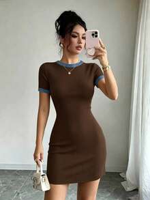 Selianne Đầm dệt kim ngắn tay cổ tròn hiệu ứng denim màu nâu thanh lịch nhẹ nhàng, dáng ôm slim fit tôn dáng gân sọc bodycon mini, phong cách đơn giản đa năng gợi cảm - Nhiều màu - Xem 7
