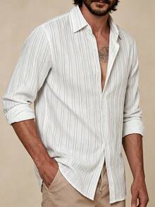 Core Aspect Men's Striped Long Sleeve Single-Breasted Casual Shirt Vacation White Autumn - White - View 6