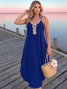 Breezaya Plus Size Women Versatile Slimming Floral Trim Collar Maxi Camisole Dress - Royal Blue - View 8