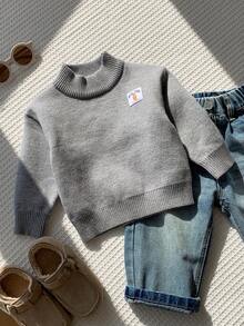 SHEIN 嬰兒男嬰女嬰秋冬休閒灰色抓絨毛衣，可愛嬰兒高領毛衣，灰色毛衣 - 彩色 - 查看 3
