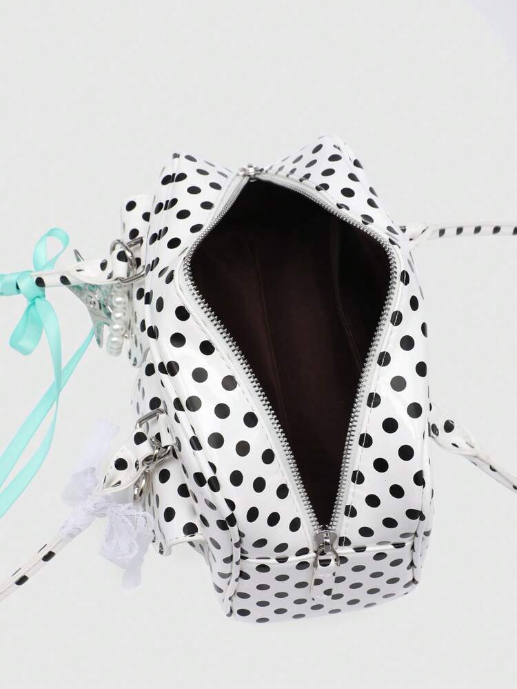 ROMWE Kawaii Ladies' Vintage Bow Tie Decor Heart Shoulder Underarm Bag With Multi Pockets Boston Handbag, School - Polka dot blue and white - View 5