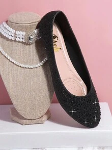 SHUZIA Rhinestone Detail Slip On Ballet Flats Summer Shoes Spring Shoes Spring Break Easter Mother's Day Present For Christmas Valentine's Day - Black - View 3