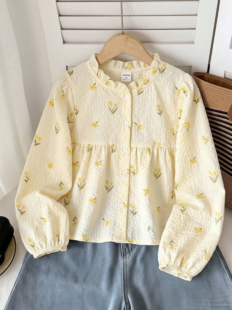 SHEIN 青少年女孩時尚休閒日常穿著 梭織碎花長袖襯衫 - 黃色 - 查看 1