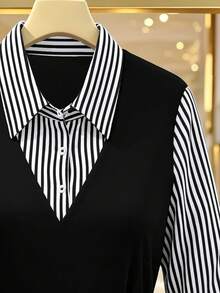GlowEve CURVE Plus Size Women's Striped 2 In 1 Patchwork Casual Versatile Daily Outing Shirt Fall - Black and White - View 4