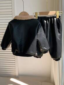 SHEIN 2件組男嬰秋冬休閒黑色夾克與保暖內裡長褲，保暖內裡套裝，夾克套裝，嬰兒套裝 - 彩色 - 查看 2