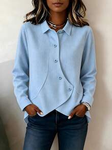 SHEIN LUNE Solid Color Waffle Knit Diagonal Stripe Wooden Button Lapel Long Sleeve Asymmetrical Hem Shirt, Loose Casual Pocket Cardigan Top, Versatile Slimming Blouse For Daily Commute And Travel In Spring And Autumn - Blue - View 1