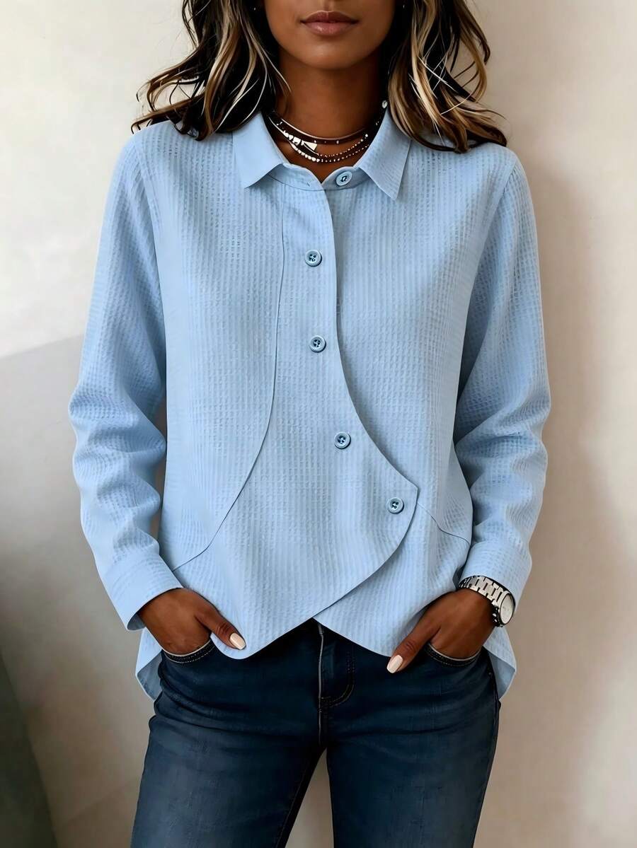SHEIN LUNE Solid Color Waffle Knit Diagonal Stripe Wooden Button Lapel Long Sleeve Asymmetrical Hem Shirt, Loose Casual Pocket Cardigan Top, Versatile Slimming Blouse For Daily Commute And Travel In Spring And Autumn - Blue - View 1