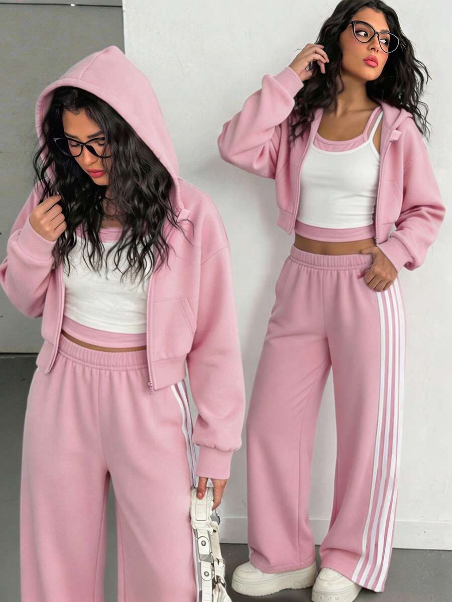 SHEIN 女孩甜美櫻花粉運動套裝,短款連帽開襟衫 + 對比色細肩帶背心 + 側條紋寬腿運動長褲,完整一套穿搭,適合日常上學、外出與購物 - 彩色 - 查看 1