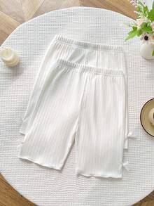 SHEIN 女童大童白色紋理羅紋蝴蝶結裝飾 2件組內搭褲 - 白色 - 查看 4