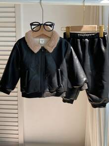 SHEIN 2件組男嬰秋冬休閒黑色夾克與保暖內裡長褲，保暖內裡套裝，夾克套裝，嬰兒套裝 - 彩色 - 查看 7