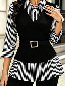 GlowEve CURVE Plus Size Women's Striped 2 In 1 Patchwork Casual Versatile Daily Outing Shirt Fall - Black and White - View 5
