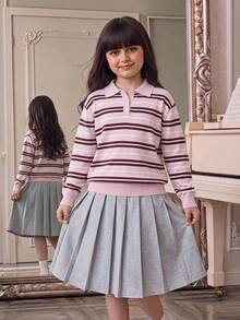 SHEIN 青少年女孩秋冬時尚休閒條紋 Polo 毛衣 - 粉色 - 查看 11
