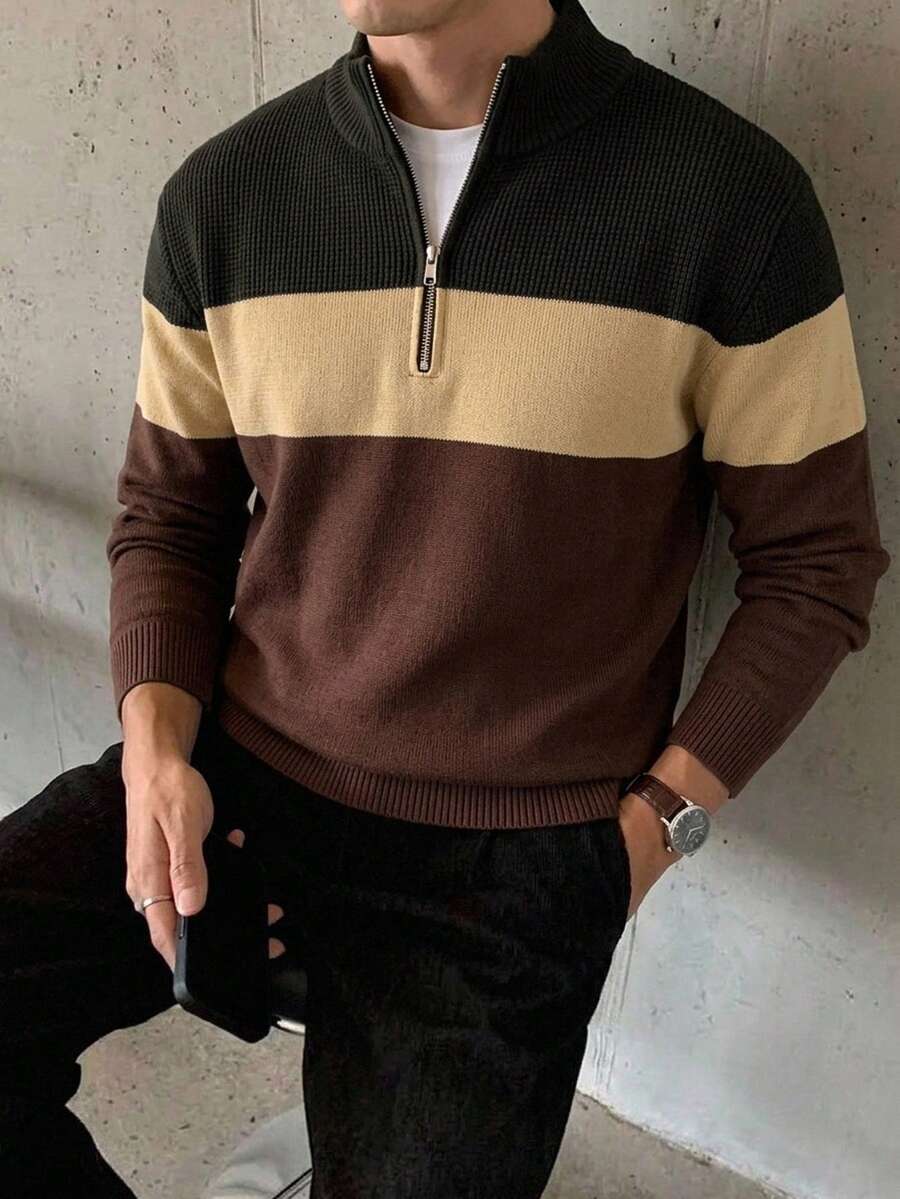 Claim Dot Men's Fashion Versatile Zip-Up Half-Placket Dark Green Colorblock Sweater Office Holiday Vacation Work Autumn Casual - Multicolor - View 1