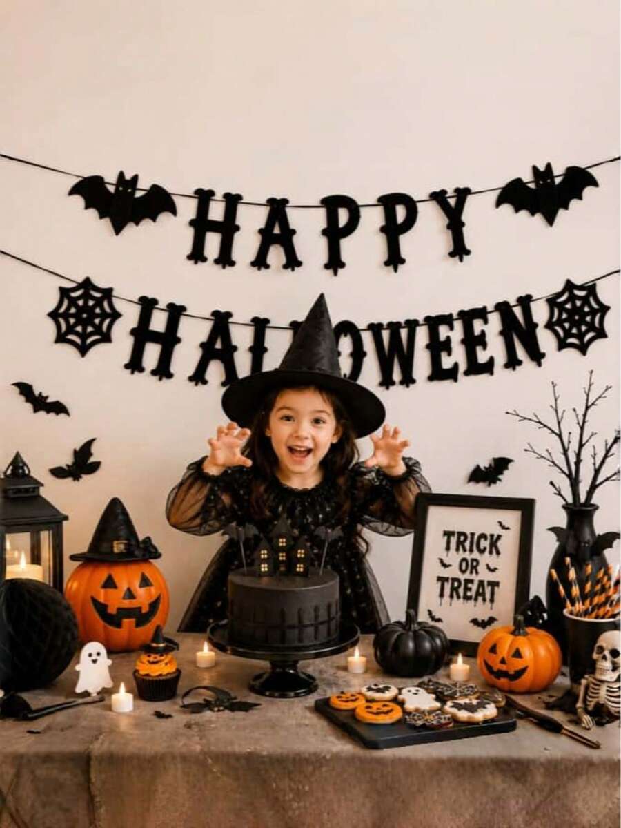 萬聖節場景佈置橫幅：Happy Halloween、黑色蝙蝠、蜘蛛網、派對裝飾用品 - 查看 1