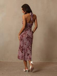 HautHeat Women's Plant Flocked Hollow Design Contrast Lace Sexy Halter Neck Nightgown - Black - View 2
