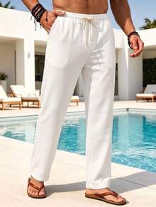 Manfinity Swimmode 男士純色抽繩腰口袋休閒通勤長褲 米白色 秋冬度假沙灘款 - 白色 - 查看 10