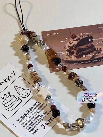 Vintage Brown Leopard Print Cat Beaded Phone Wrist Strap, Short Elegant Chain Lanyard For Camera, Keys, Purse, Bag, Women, Gift, Party, Travel, Daily