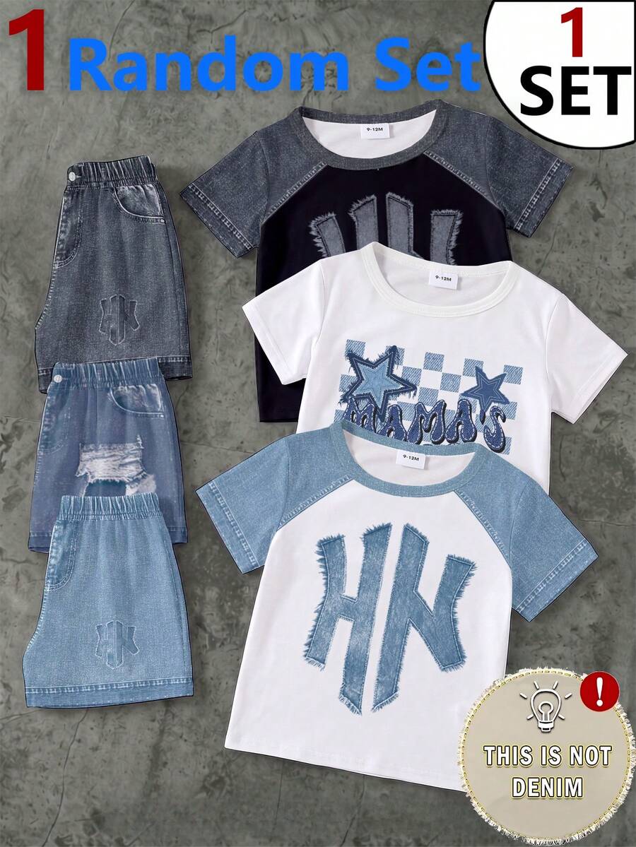 男嬰街頭酷感休閒時尚印花T恤短褲套裝,適合夏季外出與玩耍 - 彩色 - 查看 1