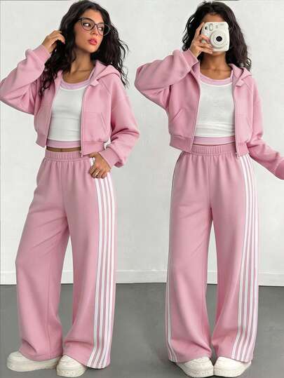 SHEIN Girls' Sweet Sakura Pink Sportswear Set, Short Hooded Cardigan + Contrast Color Camisole + Side Stripe Wide Leg Sweatpants, Complete Outfit In One Set. Suitable For Daily School, Outings And Shopping.