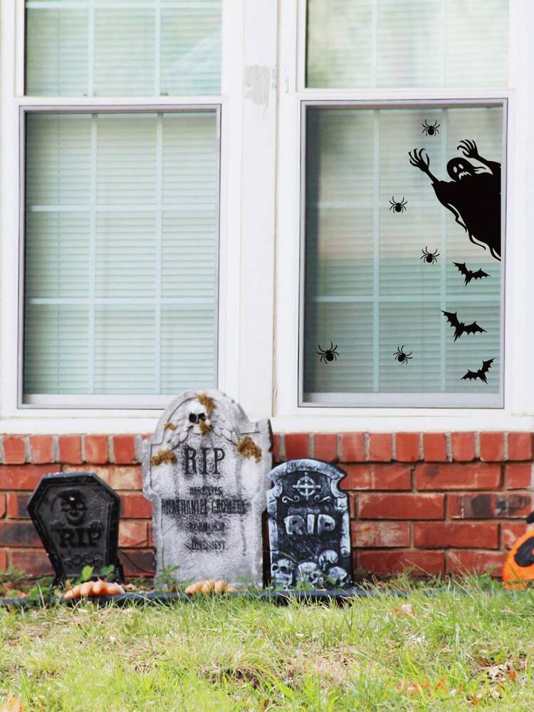 1/2/4Pcs Halloween Window Silhouette Decals, Scary Ghost Demon Bat Spider Window Stickers, Removable Black Horror Vinyl Cling Decals For Halloween Party Home Window Decor - C - View 6
