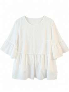 GlowEve CURVE Plus Size Women Solid Color Round Neck Flare Sleeve Ruffle Hem Loose Blouse - White - View 7