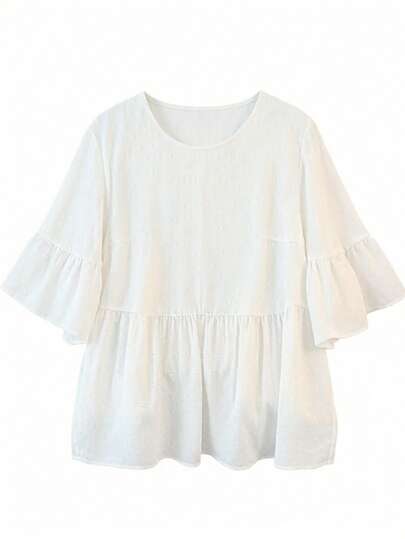 GlowEve CURVE Blus Longgar Wanita Ukuran Besar Warna Polos Leher Bulat Lengan Mengembang dengan Hem Berkerut