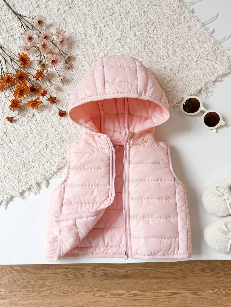 SHEIN 1件幼童女嬰連帽加厚背心,可愛甜美淡粉色橫向絎縫無袖連帽加厚戶外冬季聖誕假期前開式 - 粉色 - 查看 1