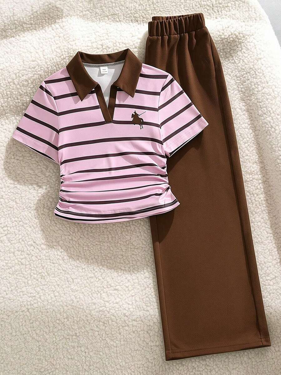 SHEIN 青少年女孩2件式T恤套裝,休閒簡約寬鬆針織款,開學季復古修身秋季女童條紋套裝 - 彩色 - 查看 1