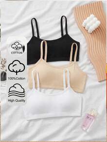 SHEIN 青少年女孩簡約端莊休閒加厚親膚舒適內衣3件組，黑色米色白色，冬季款 - 彩色 - 查看 1