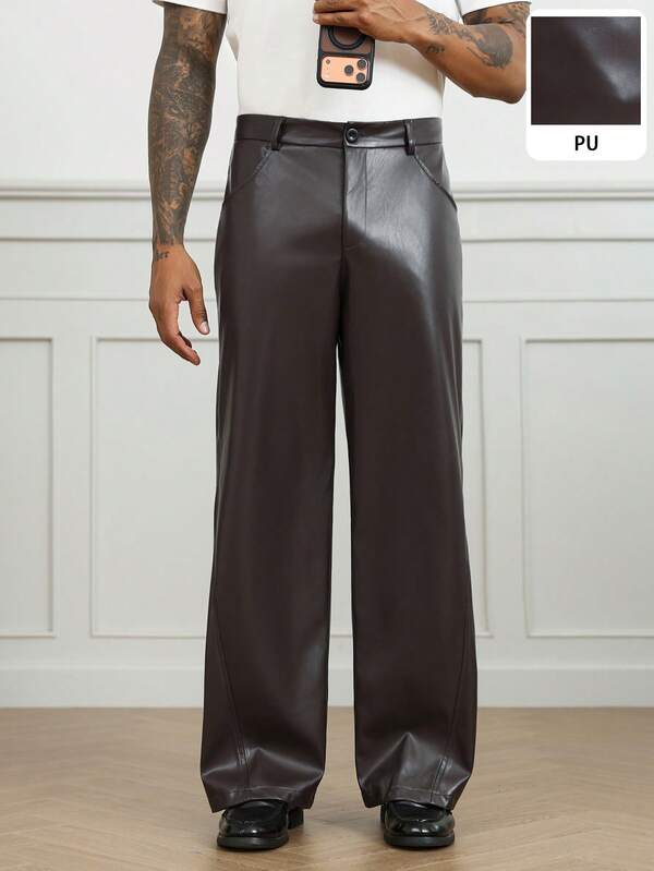 HUEFORM Men's Retro Dark Brown Autumn Business Casual Sunset Evening Loose Fit Flared Wide Leg Pants, Smooth PU Leather Outdoor Trousers