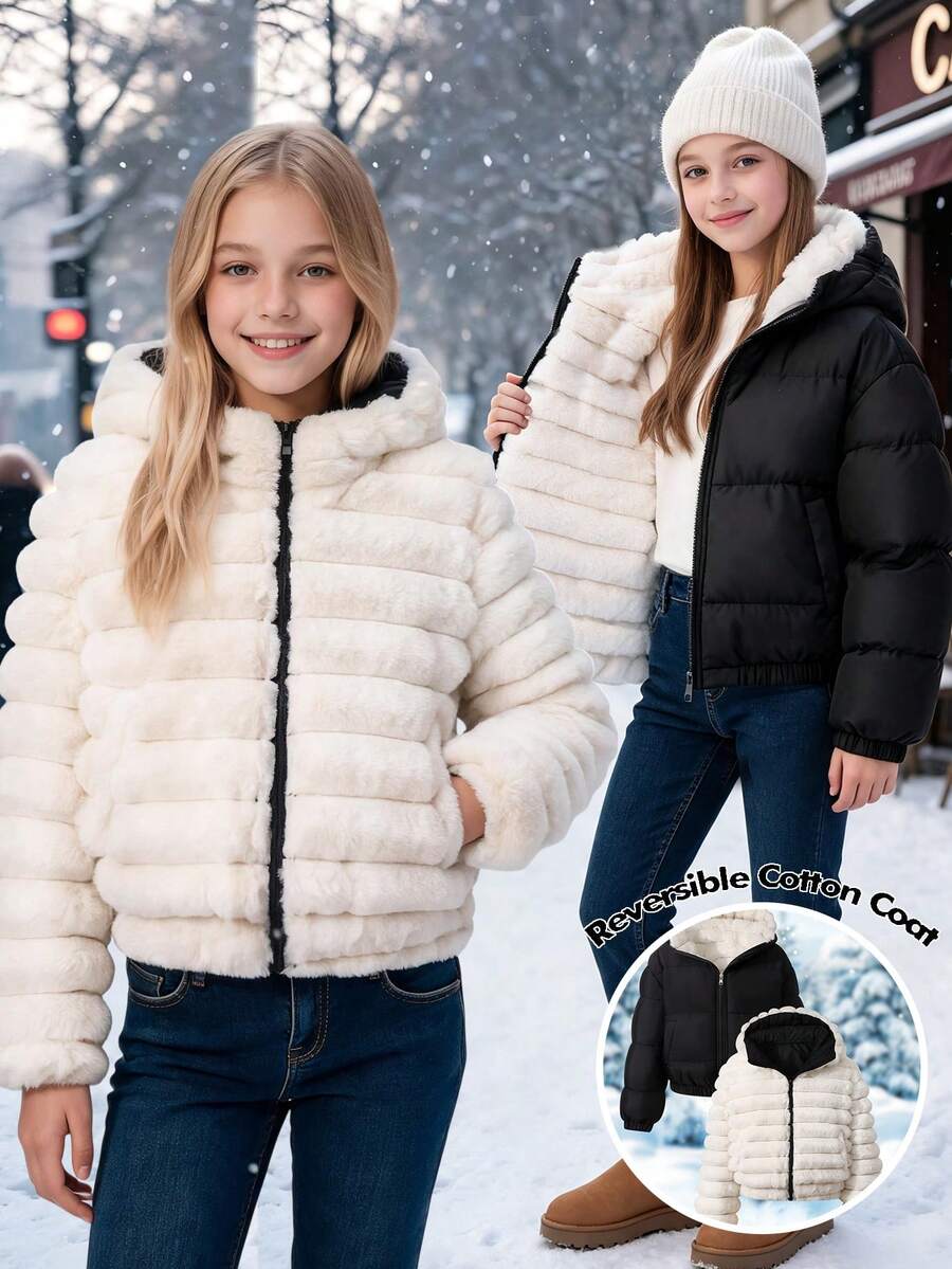 SHEIN 女童休閒端莊圖案梭織布料加極地抓絨內裡連帽短版填充外套，寬鬆版型，冬季校園學生穿著，黑白配色