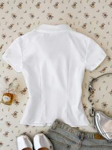 SHEIN 少女純色短袖單排扣休閒學院風襯衫 教師節校園白色夏季款 - 白色 - 查看 4