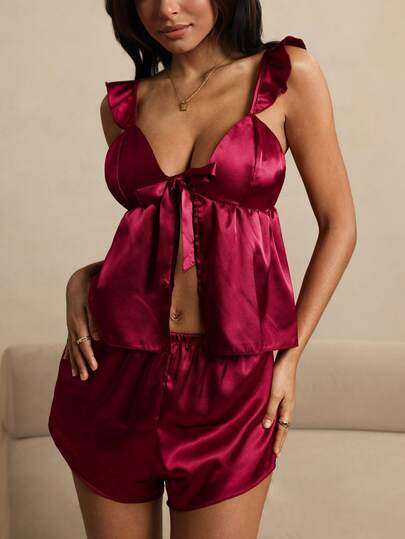 HautHeat Women's Elegant Satin Tie-Up Top And Shorts Pajama Set