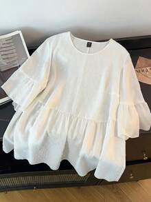 GlowEve CURVE Plus Size Women Solid Color Round Neck Flare Sleeve Ruffle Hem Loose Blouse - White - View 4