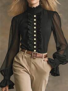 LUMIGAL French Vintage Elegant Retro Ruffle Collar Button-Up Mesh Flare Sleeve Exquisite Blouse Halloween Dinner Office Black And Gold Autumn - Black - View 1