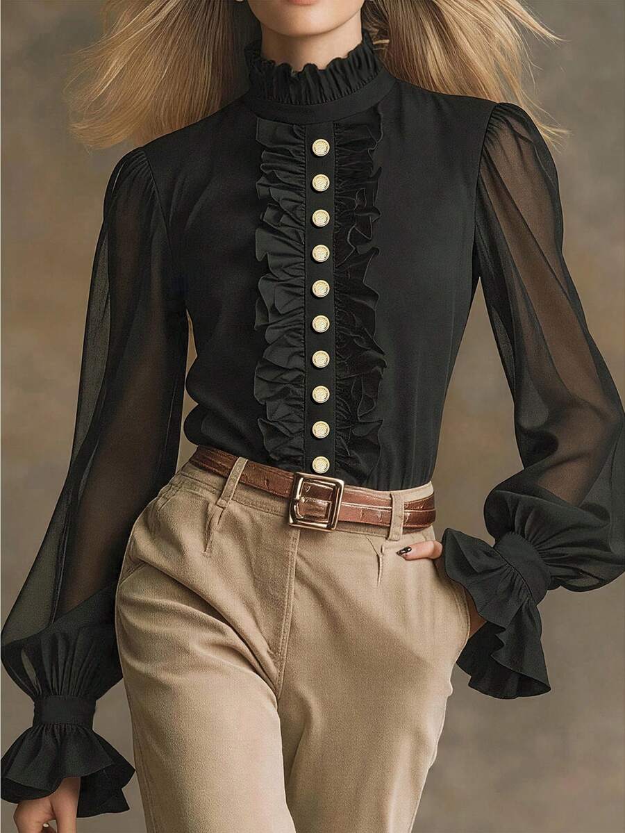 LUMIGAL French Vintage Elegant Retro Ruffle Collar Button-Up Mesh Flare Sleeve Exquisite Blouse Halloween Dinner Office Black And Gold Autumn - Black - View 1