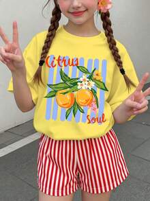 少女休闲简约美式复古风，甜美夏日热带水果柠檬图案，亮黄色搭配红白条纹，乡村海滩度假风，短袖T恤和短裤两件套，适合夏季穿着 - 彩色 - 查看 1