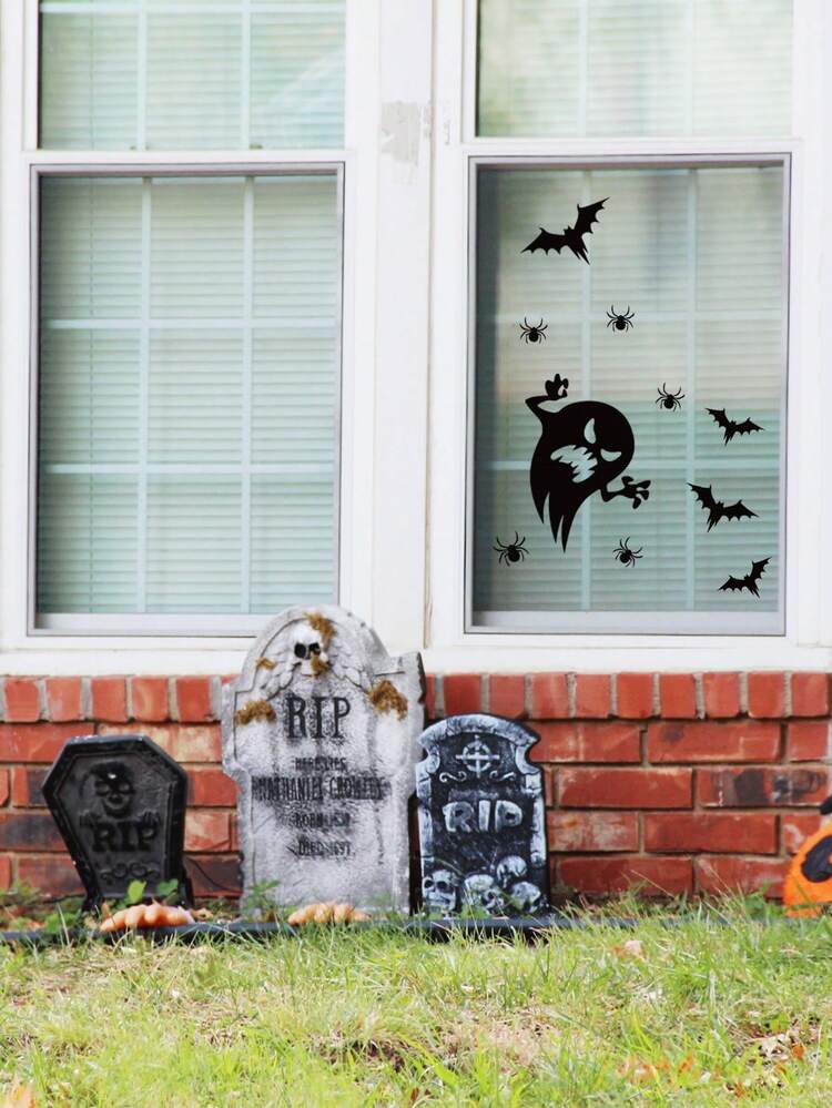 1/2/4Pcs Halloween Window Silhouette Decals, Scary Ghost Demon Bat Spider Window Stickers, Removable Black Horror Vinyl Cling Decals For Halloween Party Home Window Decor - b - View 5