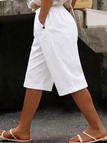 SHEIN LUNE CURVE Casual shorts i linnetyg med fickor, plus size - Vitt - Visa 3