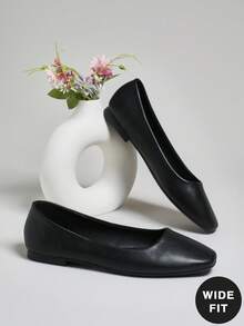 SHUZIA 女式宽版方头芭蕾平底鞋，纯色乐福鞋黑色平底鞋，舒适轻便 - 黑色 - 查看 2