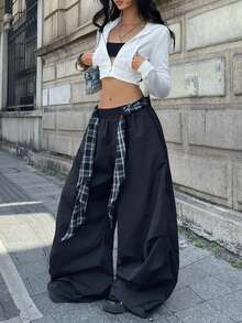 Coolane 女款秋季街頭風外出休閒運動風黑色格紋肩帶降落傘褲，嘻哈街頭穿搭，健身運動服 - 黑色 - 查看 3