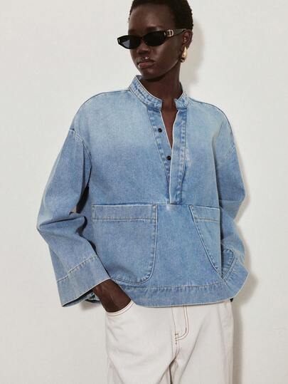ATUI Studio Women's Button Half-Placket Dropped Shoulder Long Sleeve Pocket Denim Top