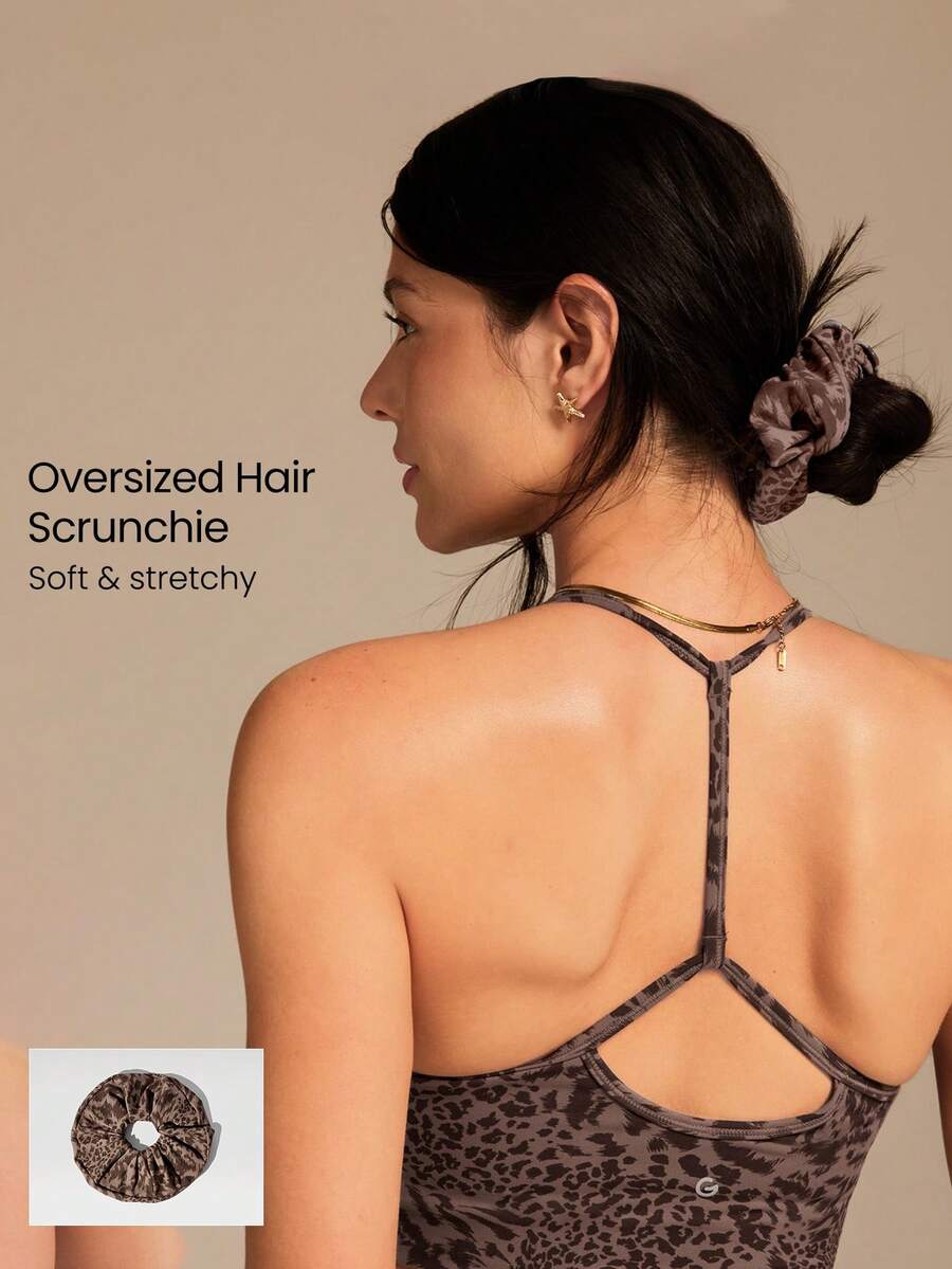 GLOWMODE FeatherFit™ Wild Glow Animal Print Wide Scrunchie With Reflective Logo Summer Travel Gym Fitness Workout Daily Casual - Brown - View 1